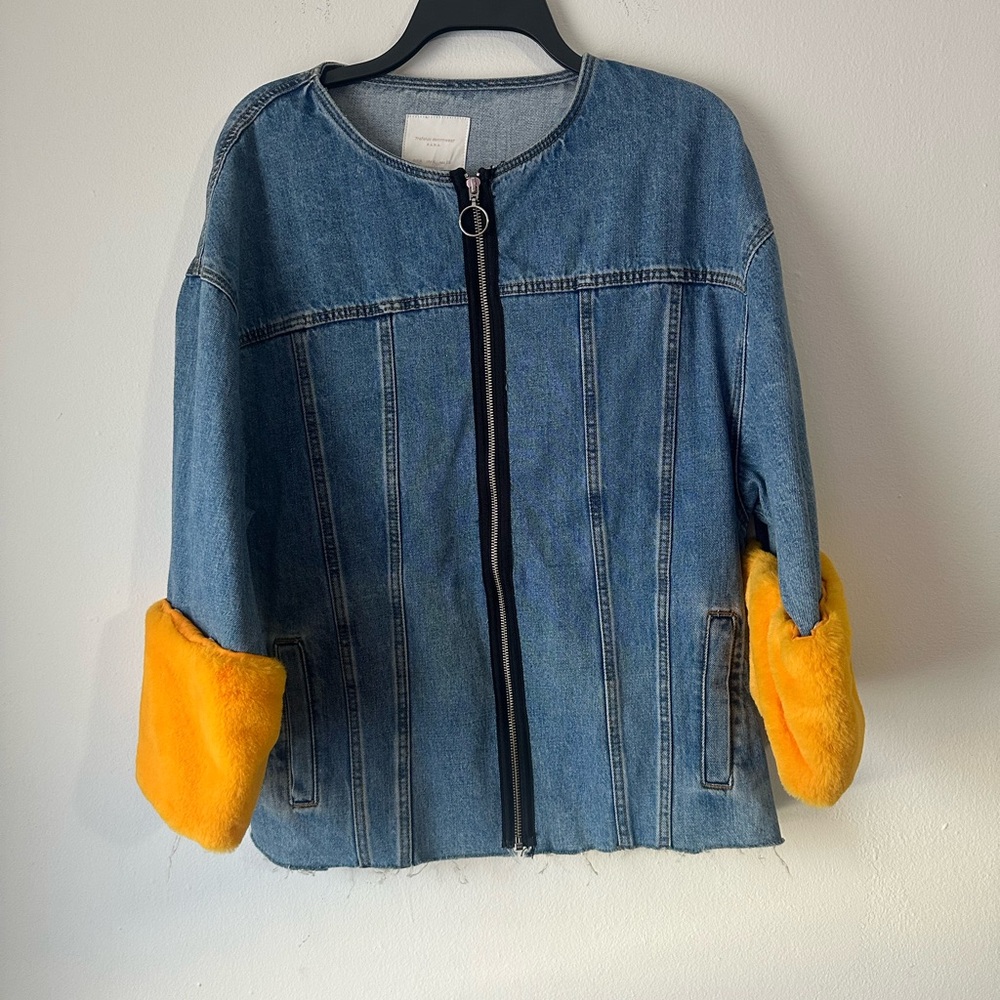 Denim Jacket with Yellow Faux Fur Cuffs